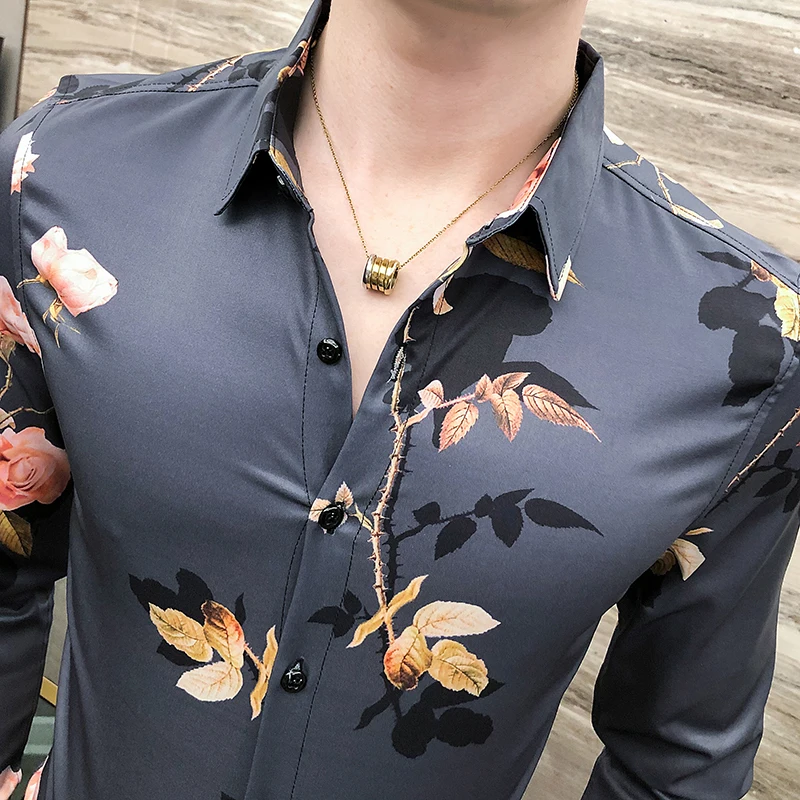 Рубашка мужская с длинным рукавом элегантная блуза цветочным принтом роз