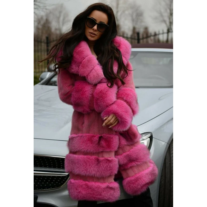 Fashion Long Genuine Mink Fur Coat With Sliver Fox Fur Collar And Bottom Natural Real Mink Fur Jacket With Belt Overcoats Luxury