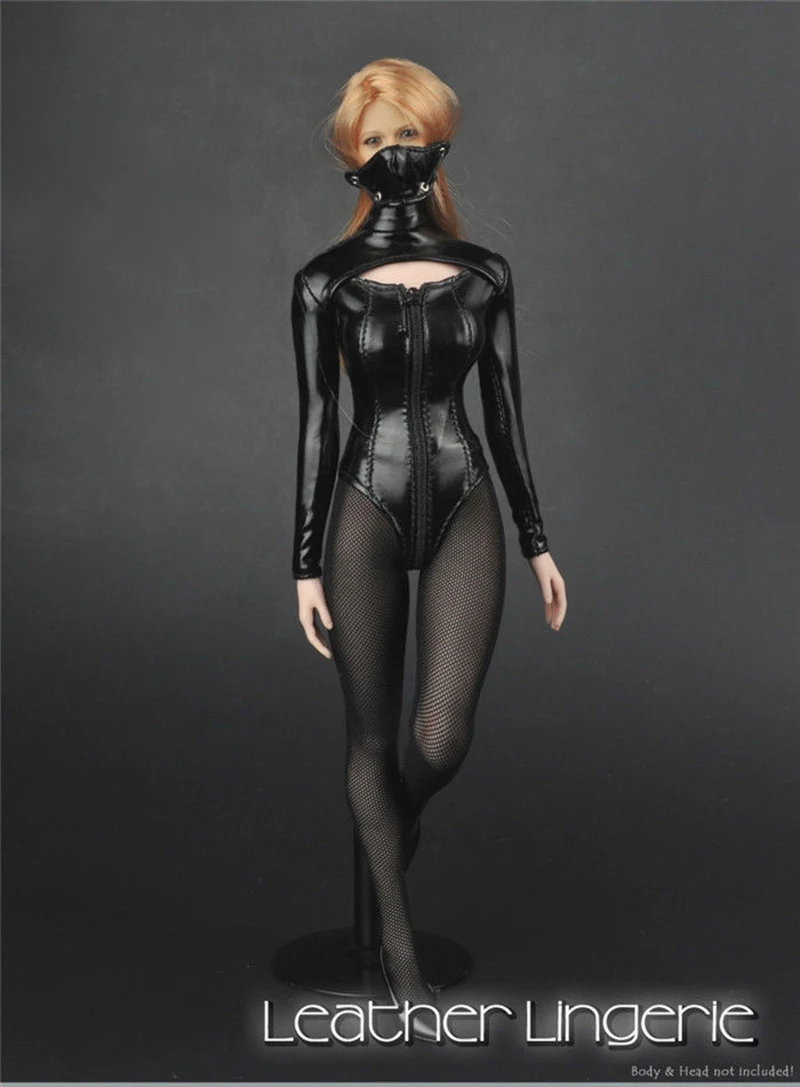 

1/6 Scale Sexy Female Girl Black Leather Clothes Lingerie High Heel Shoes Stockings Mask Set for 12'' Woman Figure Body