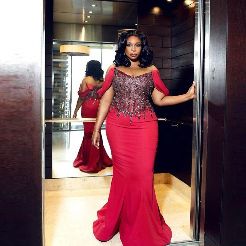 Plus Size Red Prom Dresses Off The Shoulder Major Beadings Women Party Dress Black Girls Aso Ebi Formal Evening Gowns