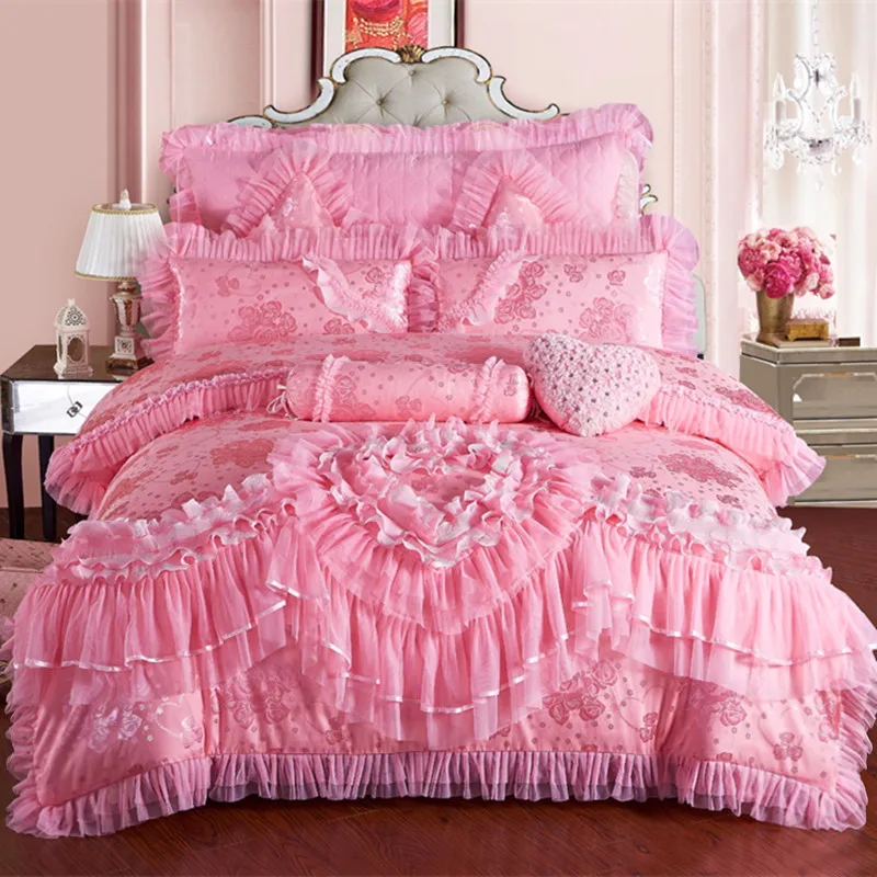 

Розовый кружевной свадебный роскошный комплект постельного белья принцессы Размер King Queen шелковый хлопковый пятнистый Комплект постельно...