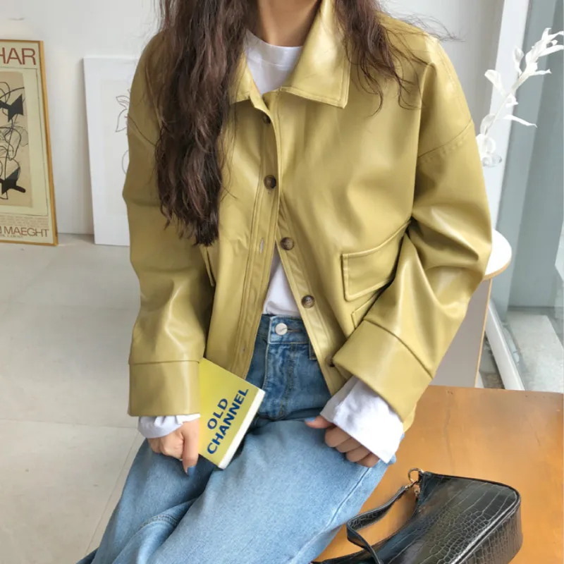 

2020 Women Autumn Turn-down Collar Glossy Short Jacket Olive Green Single Breasted Coat Straight Outwear