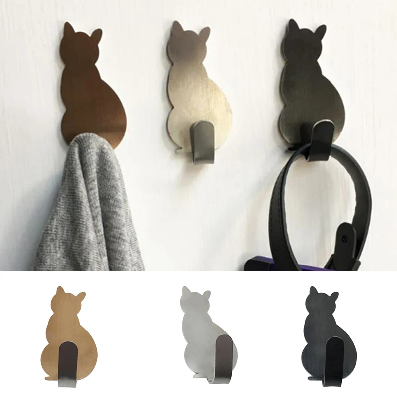 

2PCS Self-Adhesive Hook Storage Holder Cat Stainless steel hook For Bathroom Kitchen Hanger Hanging Door Clothes Towel Rack