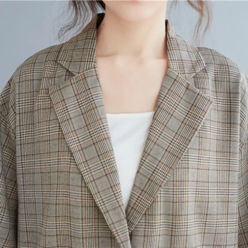 Женский клетчатый Блейзер оверсайз повседневная куртка с коротким рукавом на