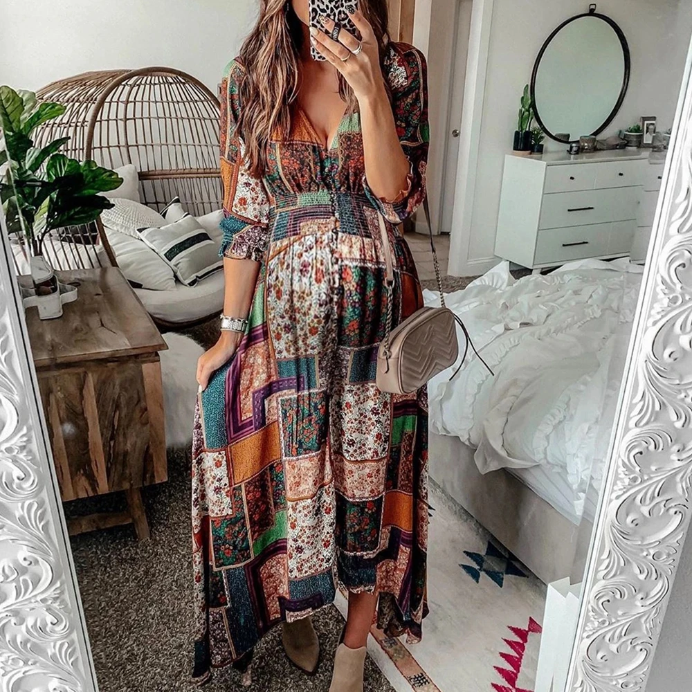 

Lugentolo Long Dress Women Bohemian Print Three Quarter V-Neck Summer A-Line Mid-Calf Plus Size Big Swing Dress