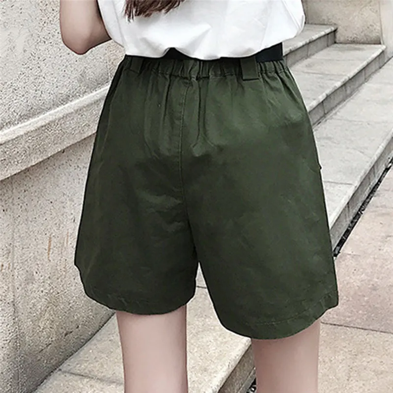 

High Waist Wide Leg Cargo Women's Shorts Vintage Sashes Solid Khaki Pocket Women Shorts 2021 Summer Fashion NEW Casual Clothes