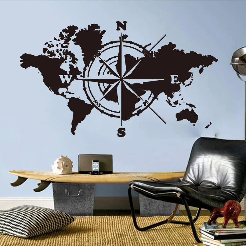 

Huge Compass World Map Travel Vinyl Decal Wall Sticker Classroom Office Atlas Of The World Adventure Bedroom Decor