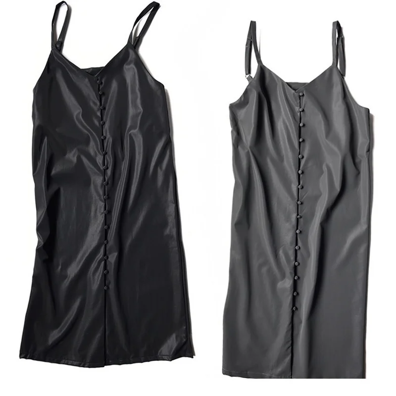 

High Fashion Solid Pu Slip Dress Spring Simple Black Women Dress Temperament 2021 New Cool All-match Spaghetti Strap