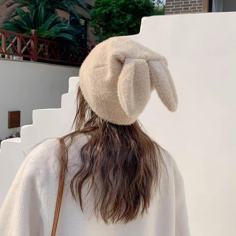 

Cute Korean rabbit ears chenille woolen hat female winter warmth student soft girl Korean version plus velvet knitted hat