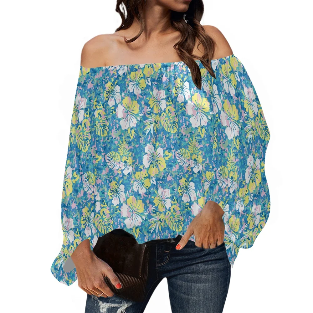 

Hawaiian Tropical Flower Design Women Long Sleeve Graphic Shirt Loose Fitting Off Shoulder Chiffon Tops