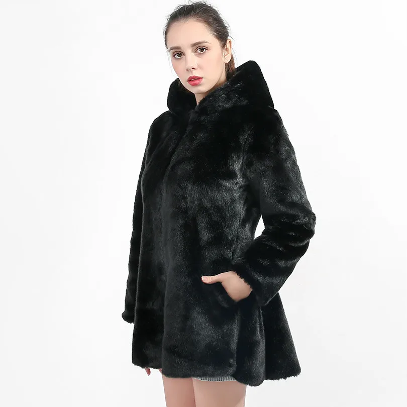 Плотное теплое пальто из искусственного меха черного цвета с капюшоном Manteau Fourrure