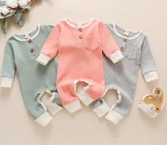 

Baby's Girl 0-12M Long Sleeve Solid One-piece Garment, Round Neck and Button Crotch Jumpsuit with Patchwork Pockets in Front