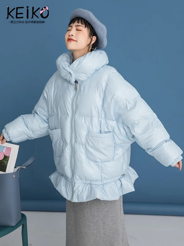 Winter Clothes Women 2021 Flower Stitched Blue Bread Jacket Ruffle Stand Collar Long Sleeve Bubble Coat Woman