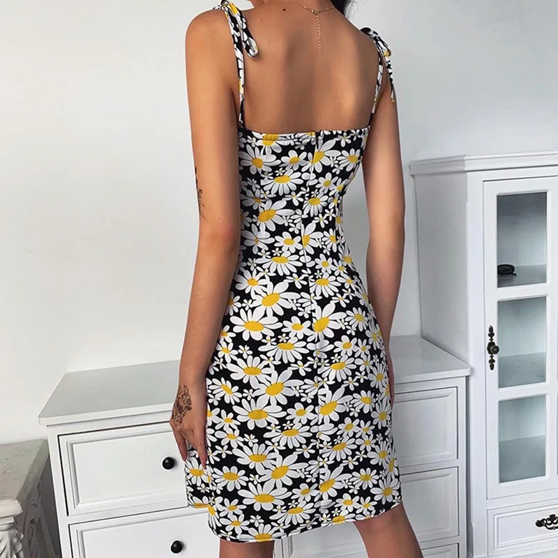 

Daisy Print Sweet Women Sling Dress 2020 Summer Female Sexy Lace Up Sleeveless Dress Ladies Holiday Sundress Vestidos Robes