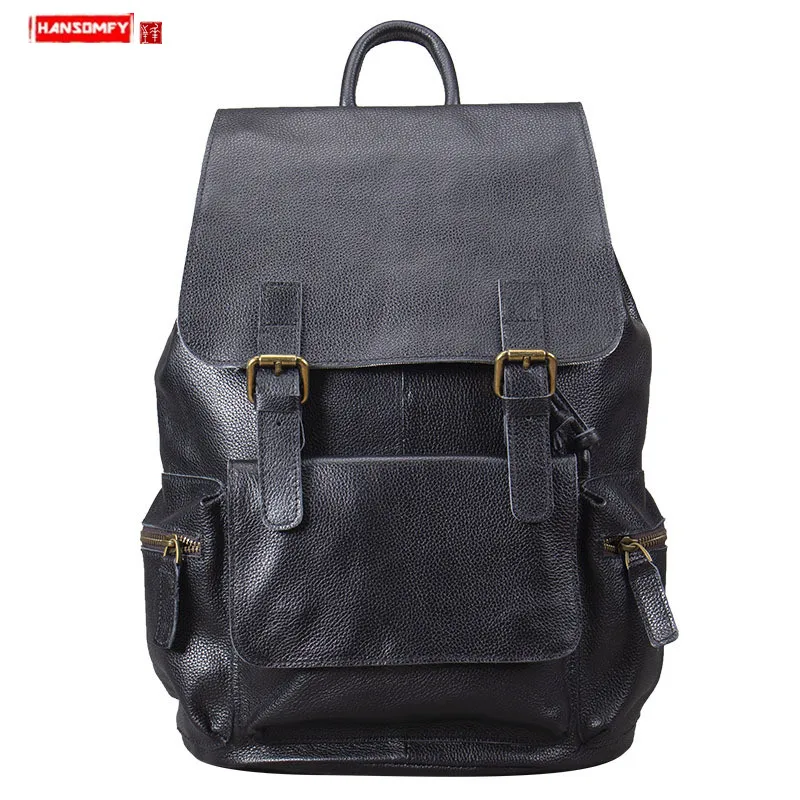 Classic Wild Leather Backpack Women Schoolbag Female Genuine Leather Retro Casual Laptop Backpack First Layer Cowhide Ladies Men