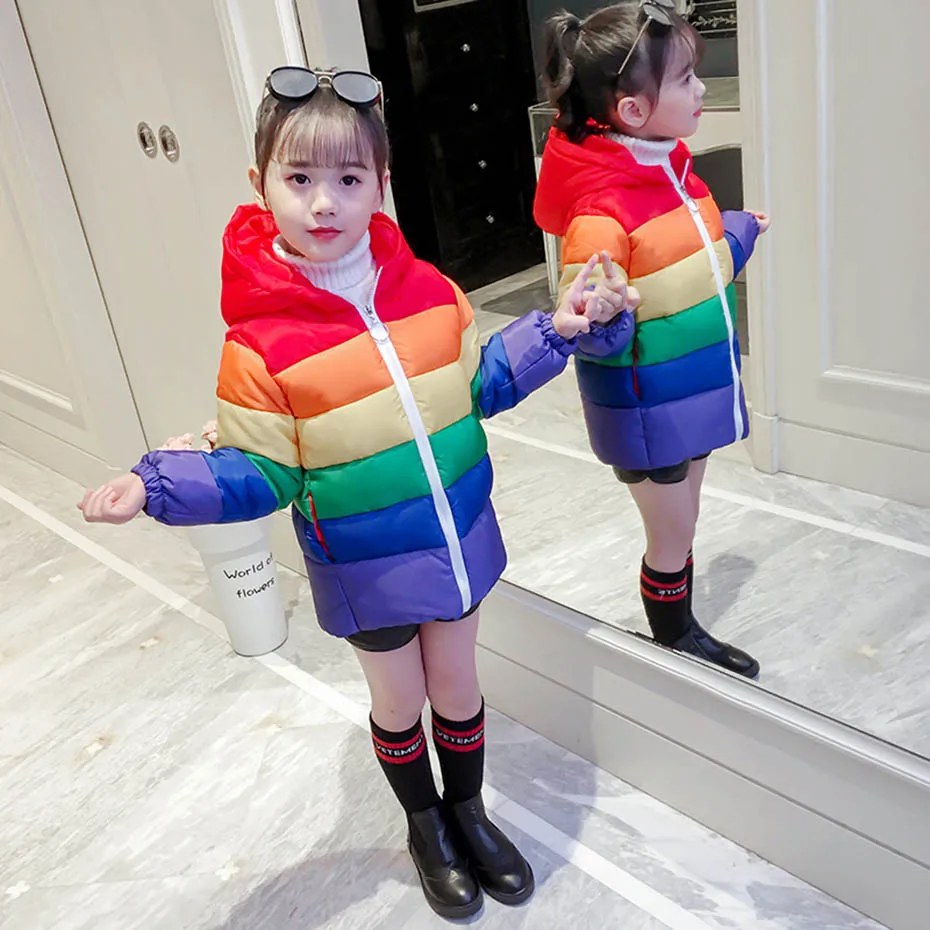 Детское пальто куртка в радужную полоску для девочек Верхняя одежда с капюшоном