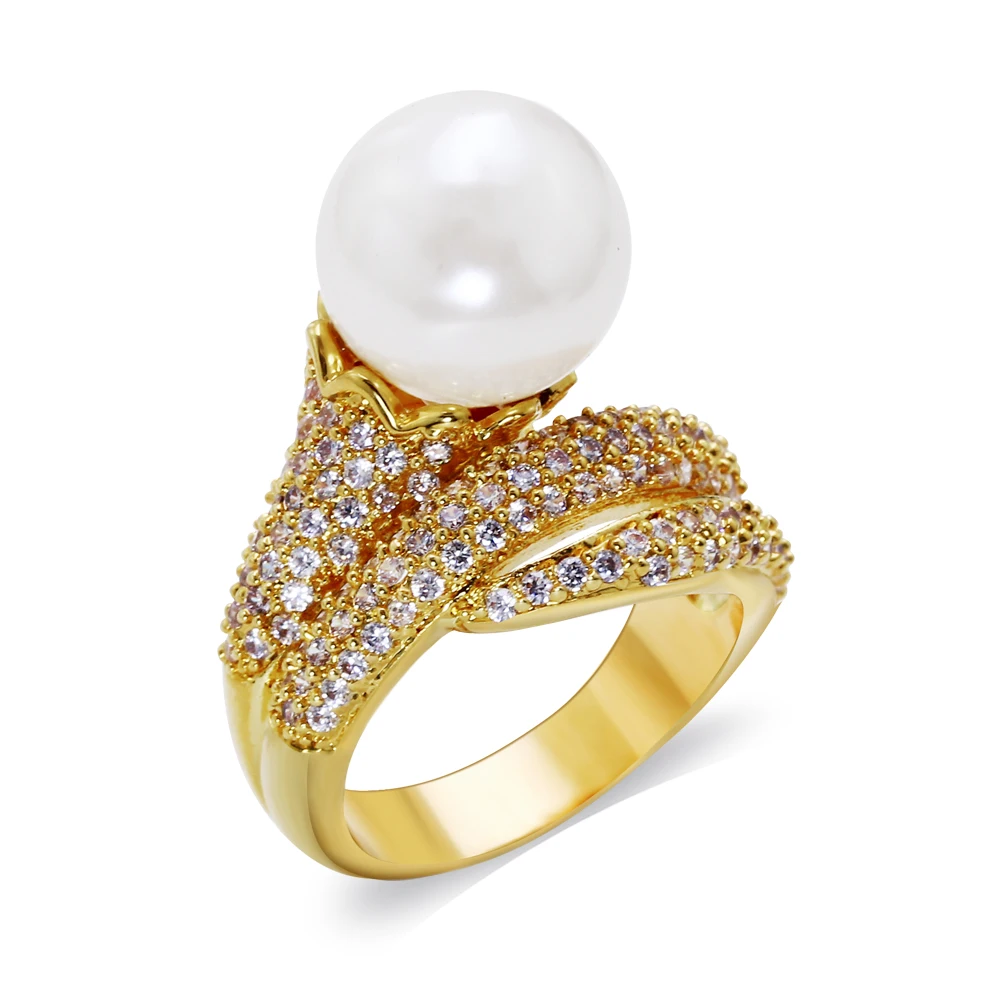 

Pearl ring White and Yellow Color Pave Small cubic zirconia Women's Jewelry rings Best gift for mother