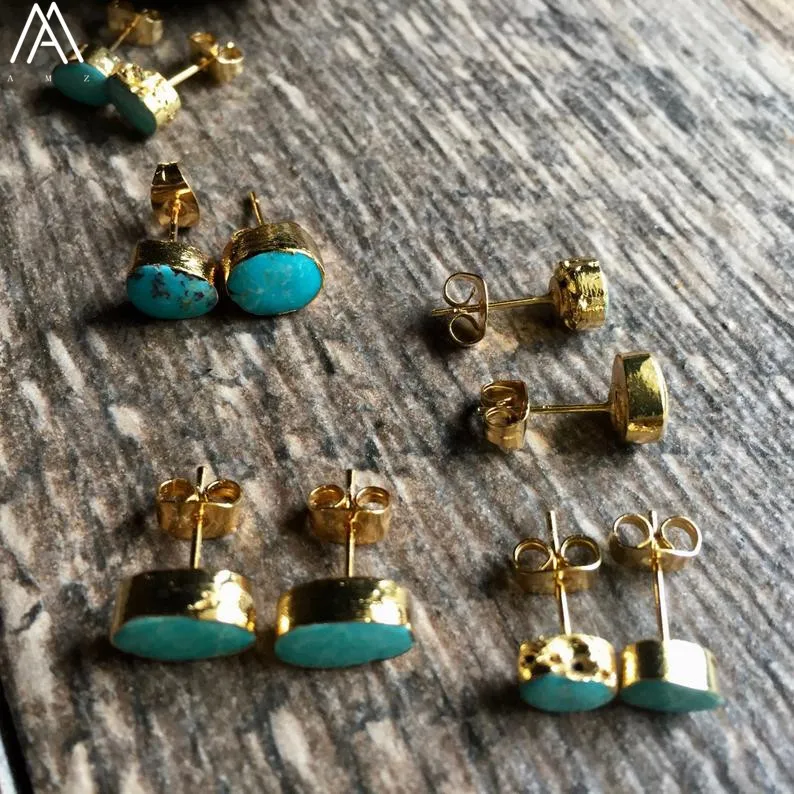 

Natural Turquoises Stone Oval Beads Stud Earring Bohemia Earring Women Natural Stone Gold Earring Jewelry Gift ER006AMBB