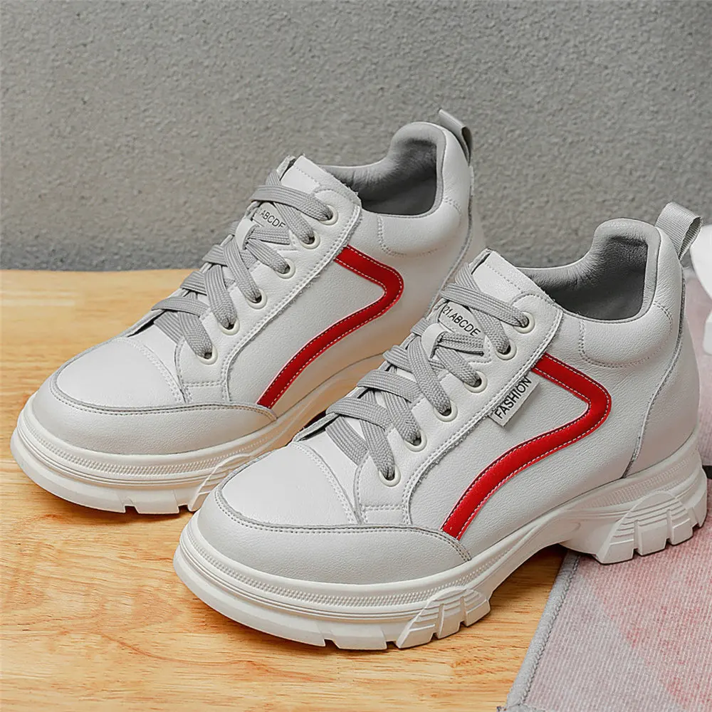 Oxfords Shoes Women Lace Up Cow Leather High Heel Ankle Boots Female Height Increasing Round Toe Fashion Sneakers Casual Shoes