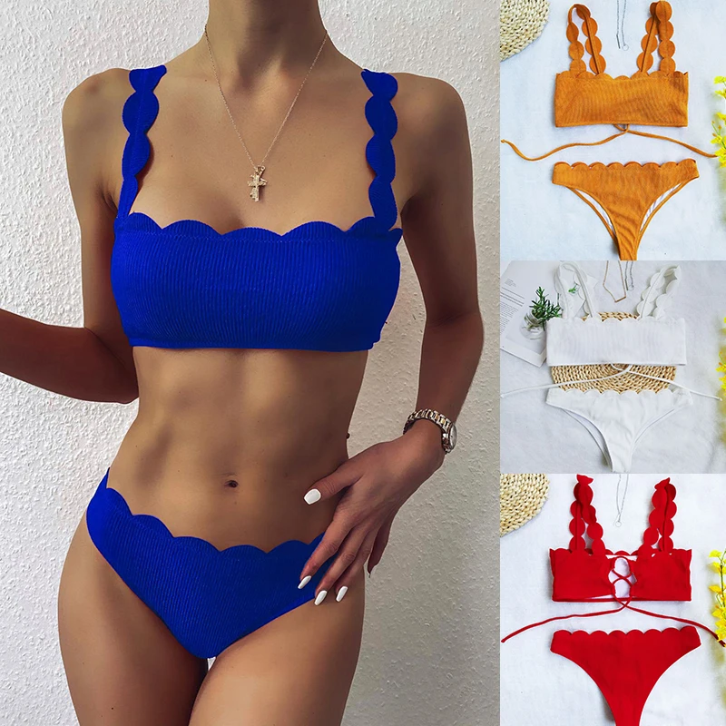 

Women's Thong Bandeau Bikini Set Ribbed Scalloped Lace-up Bathing Suit Wide Straps Square Neck Padded Two Piece Cheeky Swimsuits