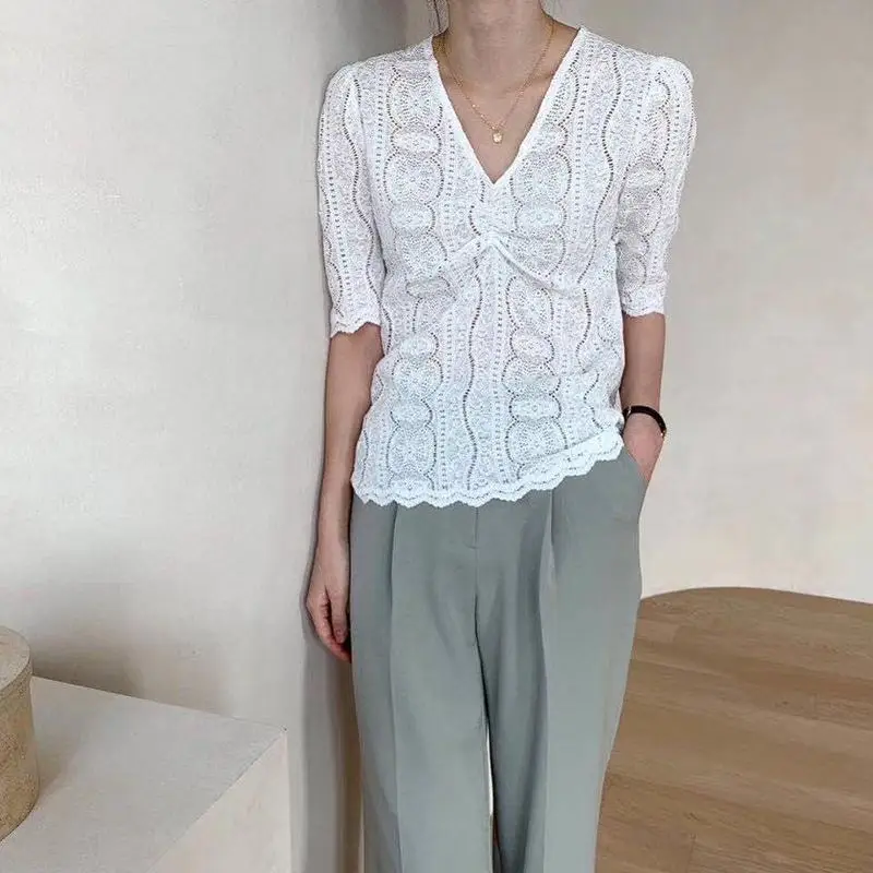 

MISSKY 2020 New Women's Blouse Spring and Summer Solid Color Lace Hollow Short-sleeve V-neck Slim Shirt Female Tops