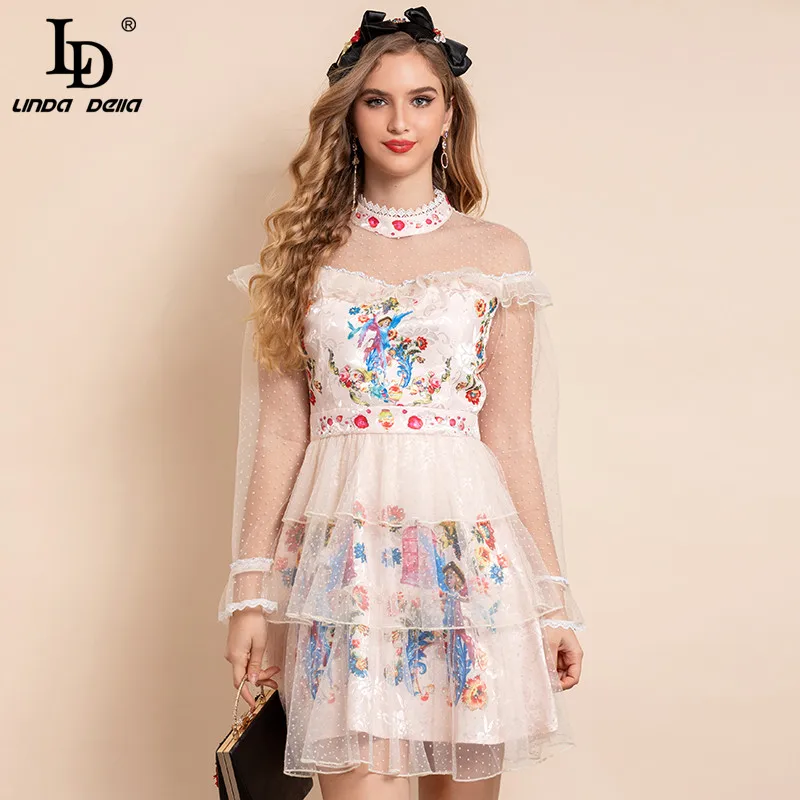 

LD LINDA DELLA New 2021 Fashion Designer Summer Mesh Dress Women Stand collar Ruffles Floral print Patchwork Vintage Mini Dress