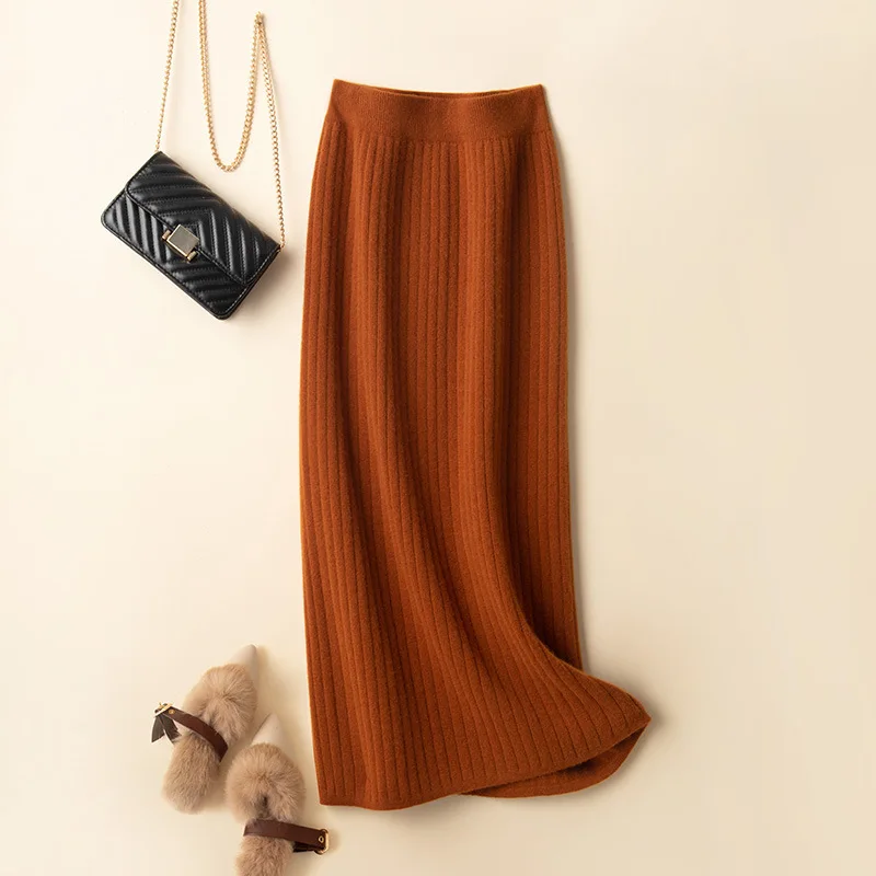 

Autumn/Winter New 100% Pure Wool Skirt Women's Mid-Length High Waist Slim Bag Hips Base KnitTed Cashmere