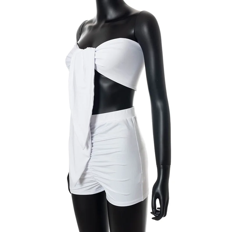 

CIGGANTFUL Women Summer New Fashion White Sexy Strapless Crop Top Sleeveless High Waist Ruched Shorts Suit Two Piece Set Outfit