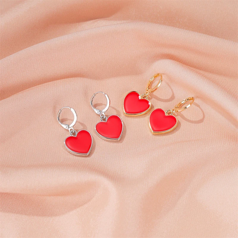

Korean Sweet Girl Red Heart-shaped Pendant Earrings Charming Women's Wedding Party Ear Clip Jewelry Romantic Valentine's Gift