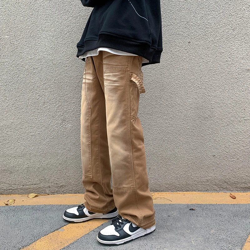 Мужские прямые джинсы в Корейском стиле, темно-коричневые джинсовые брюки, Свободные повседневные мешковатые брюки в уличном стиле