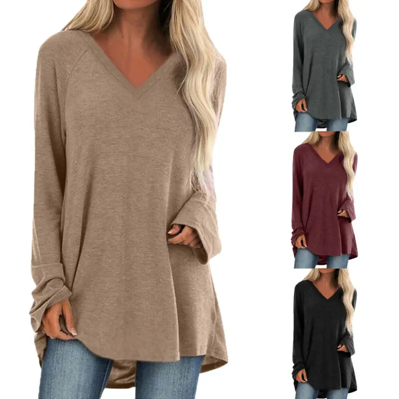 

2020 V Neck Solid Color Womens Long Sleeve Loose Shirts Baggy Blouse Shirt Jumper Pullover Tops 5XL Plus Size