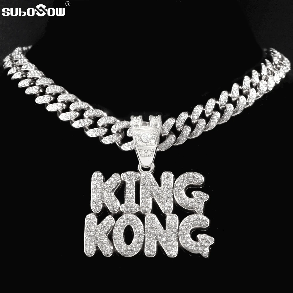 

Fashion Men Women Hip Hop KING KONG Letter Pendant Necklace with 13mm Bling Rhinestone Cuban Chain Necklaces Hip Hop Men Jewelry
