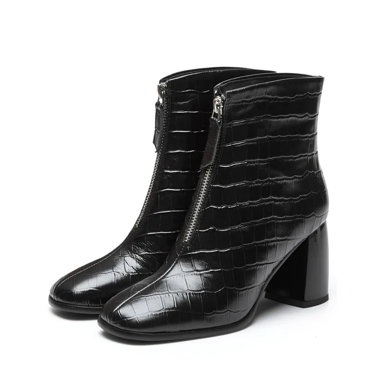 Женские ботильоны с квадратным носком ASUMER Черные из натуральной кожи на толстом