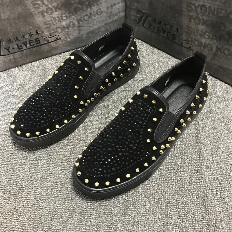 

British style men luxury fashion party nightclub dress genuine leather shoes slip-on flats shoe summer rivets loafers black red