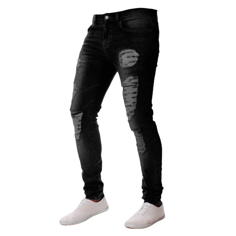 Модные Для мужчин рваные Стрейчевые джинсы скини брюки с рваными краями и