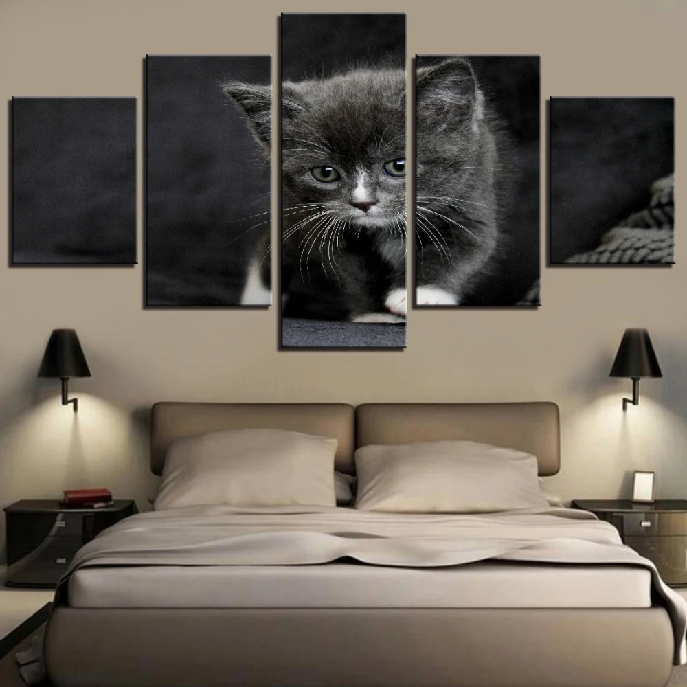 

Canvas Wall Art 5 Piece Painted Black Kitten Home Animal Decor Prints Modern Room Wall Mounted Decoration Posters Paintings