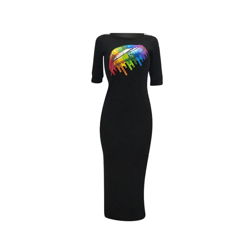 Повседневное Для женщин Bodycon платье летние модные разноцветные радужные губы офсетная печать обхват талии, обхват бедер, ужин платья для Для женщин vestidos mujer
