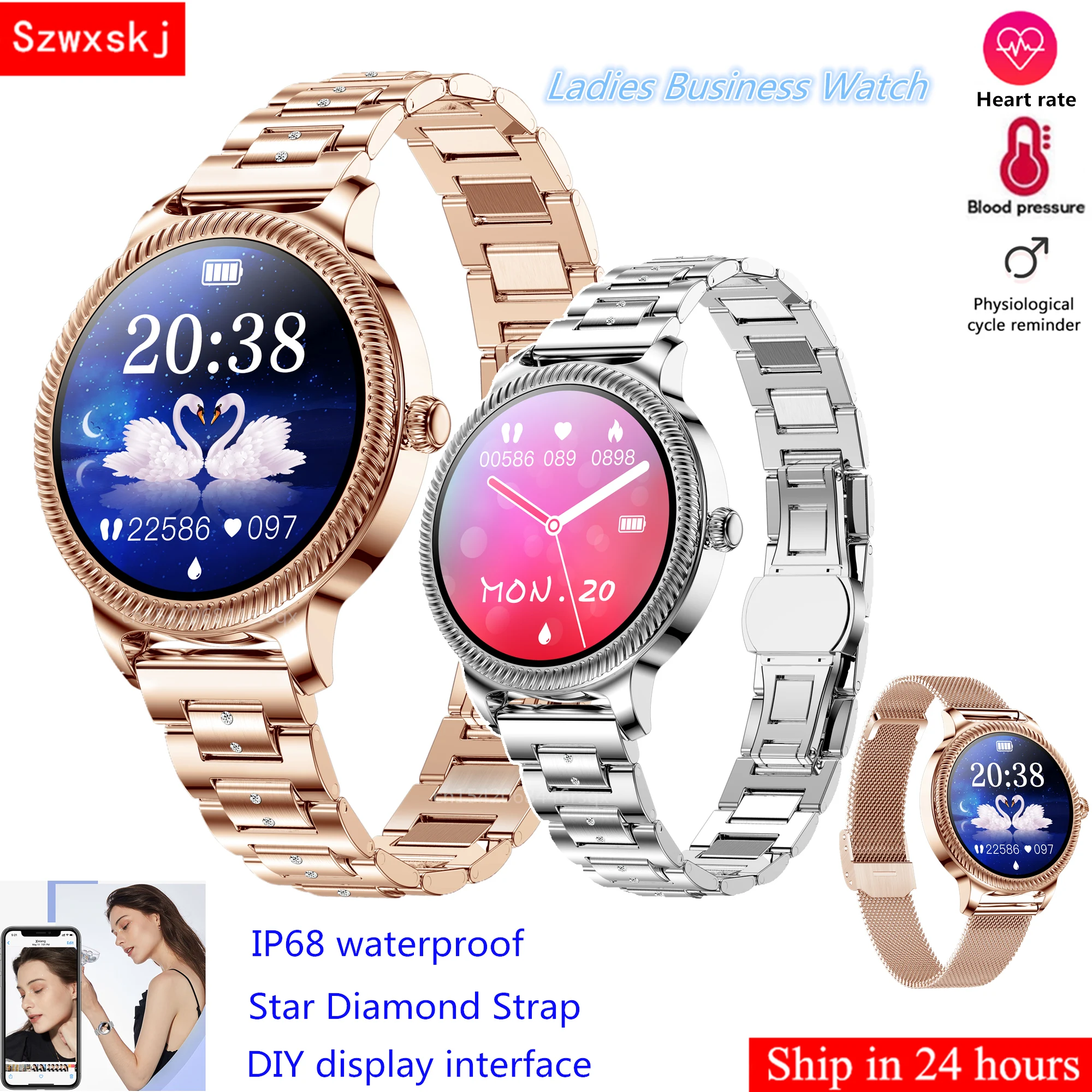 

AK38 Ladies Smart Watch for Women Star Diamond IP68 Waterproof Heart Rate Blood Pressure 1.09" HD Girl Gift Smart Bracelet KW10