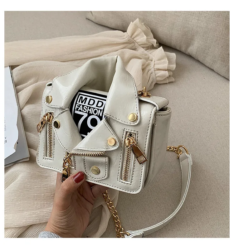 

European Brand Design Chain Motorcycle Bags Women Clothing Shoulder Rivet Zipper Jacket Bag Messenger Bag Women Leather Handbags