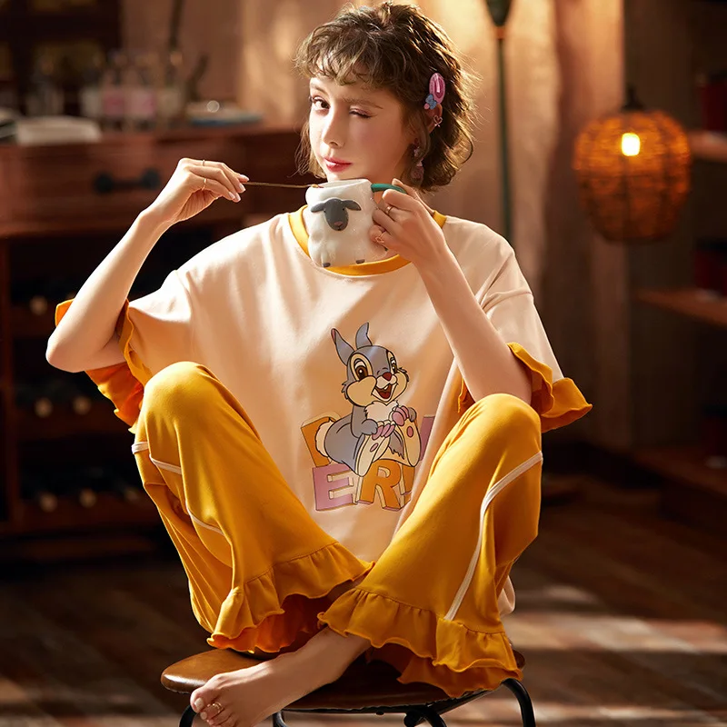 

2020 new autumn middle sleeve women's pajama sets cotton casual cartoon two suits for girls lady round neck sleepwear