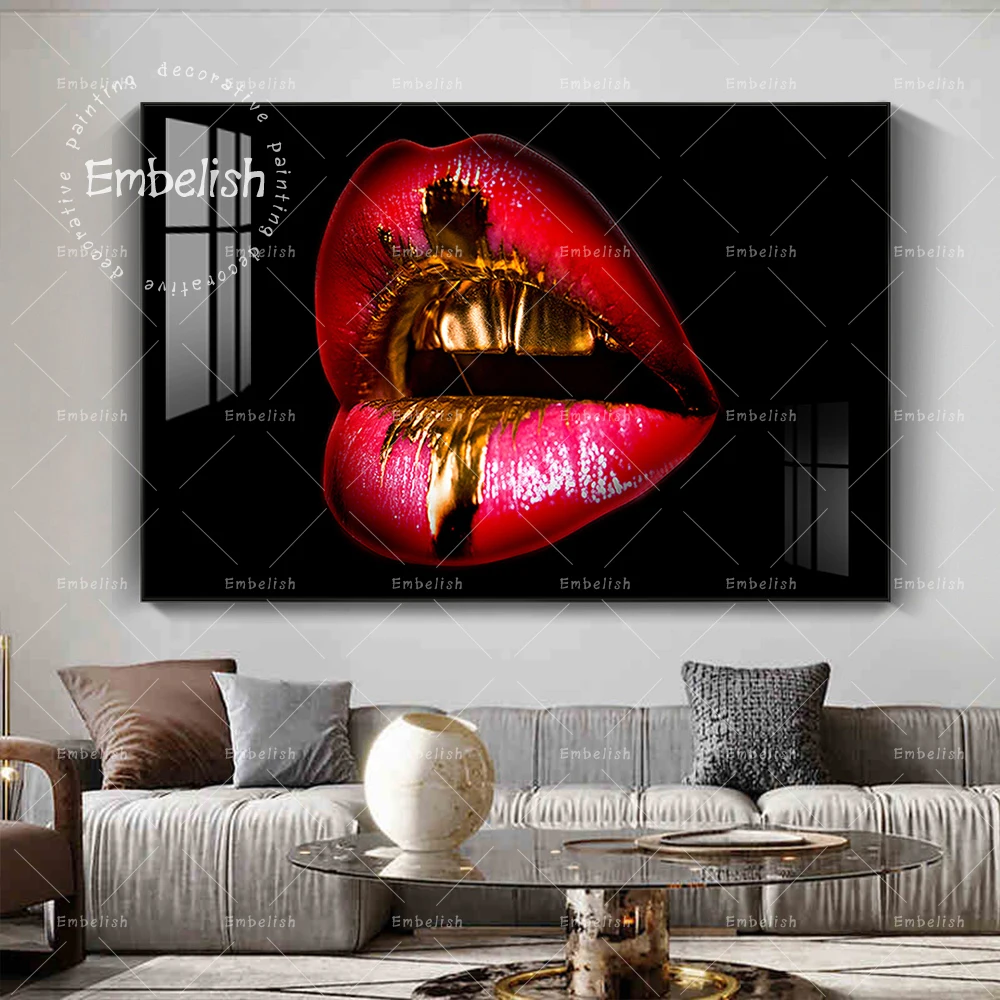 

1 Pieces Red Golden Lips Shiny Sexy Mouth HD Print On Canvas Painting For Living Room Modern Home Decor Wall Art Poster