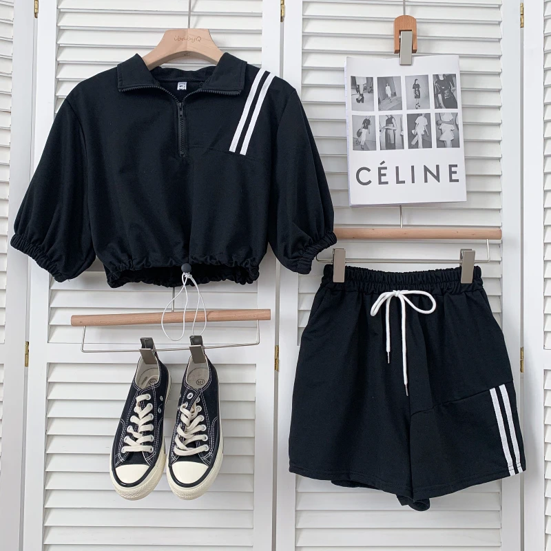 

Casual two-piece suit, short-sleeved sweater, short-sleeved sweater, waisted short top + high-waisted, thin, wide-leg pants