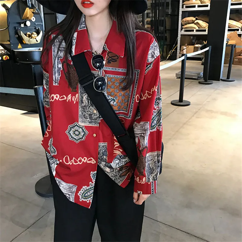 Women Blouses 2021 Spring Fall Harajuku Print Tops Streetwear Korean Vintage Blouse Women Long Sleeve Chiffon Shirts Female