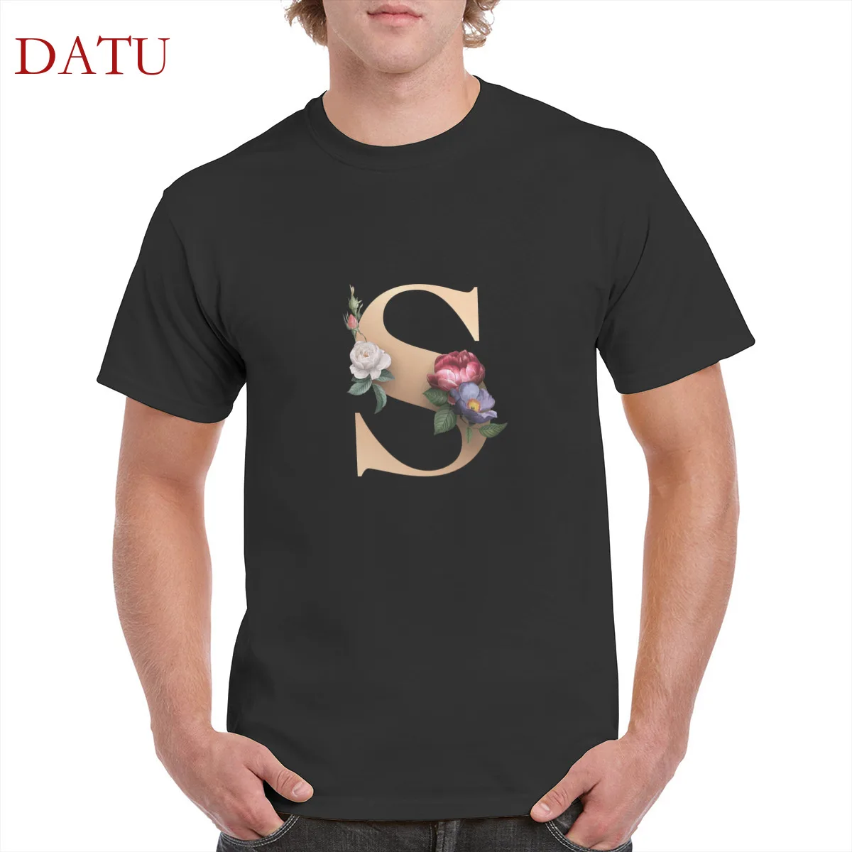 

Harajuku Alphabet S flowers pattern tshirt 100% cotton 26-alphabet print t shirt gothic punk oversized tops women/men's T-Shirts