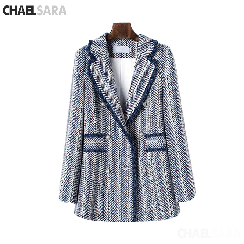 

Spring/Autumn female casual jacket coat loose coat Striped Tweed coat jacket lapel thick jacket