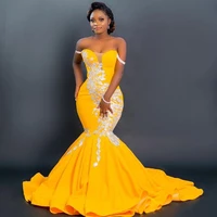 african satin mermaid evening dress lace appliques prom gowns off the shoulder ruffles slim second reception dresses