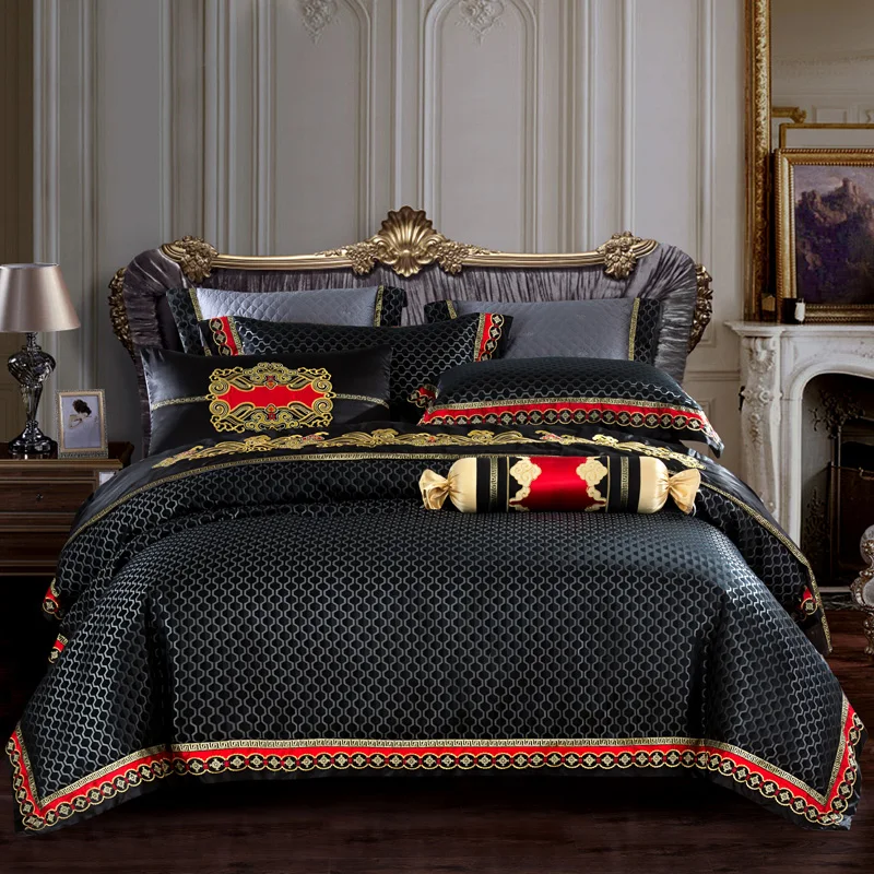 Blue Black Silk Satin Luxury Royal Bedding set Queen King size Bed Bed/Flat sheet spread Pillowcase Duvet cover | Дом и сад