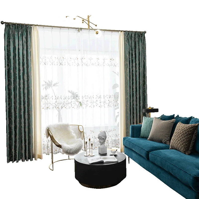 

Luxury New Chinese High Precision Green Stitching Silk Branch Bird Jacquard Curtains for Living Room Bedroom Home Decoration
