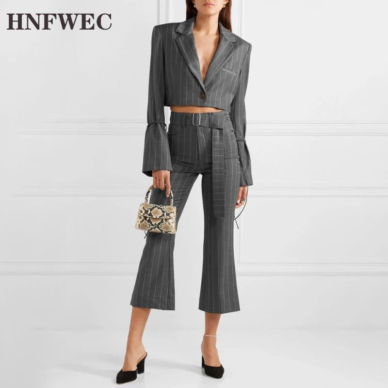 

Striped OL Two Piece Set For Women V Neck Long Sleeve Short Tops Wide Leg Pants Sets Female 2020 Summer Fashion New Tide P823