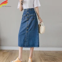 new 2022 summer women denim skirt long single button high waist a line jeans skirts streetwear blue jupe jean femme